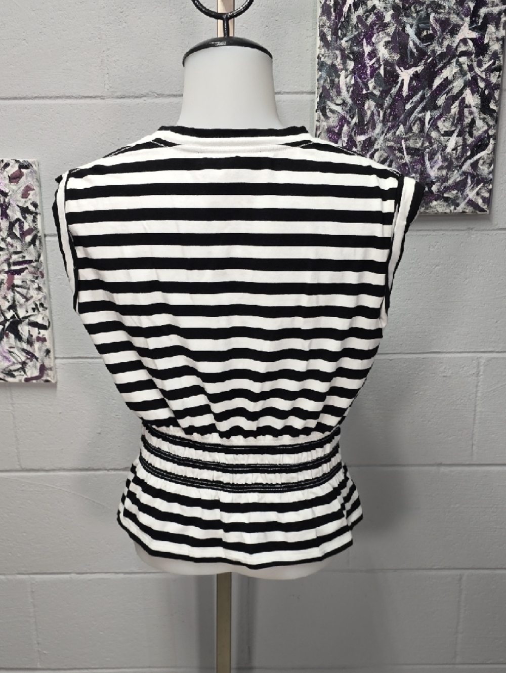 White House Black Market Black and White Striped Sleeveless Peplum Top - Picture 4 of 7